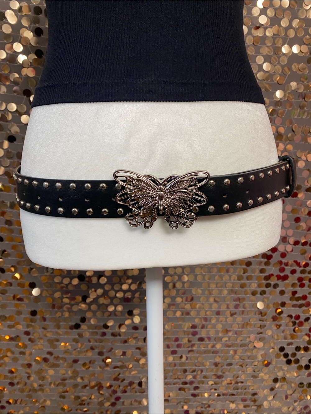 Black studded belt with silver butterfly buckle #485